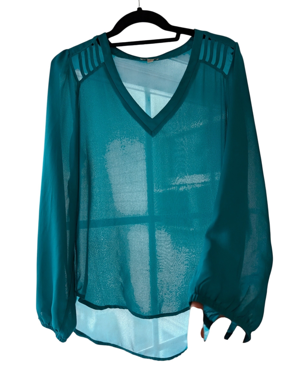 Lily White Teal Sheer V-Neck Blouse with Ladder-Shoulder Detail